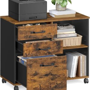 Rollcontainer Büro mit Hängeregister A4, 3 Schubladen, 2 Fächer – Rustikale Eiche/Schwarz, auf Rollen