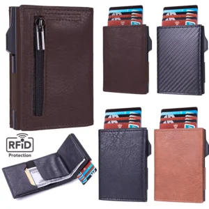 RFID Geldbörse Herren Slim Wallet Schwarz – Pop-Up Kartenhalter, Münzfach, RFID Schutz